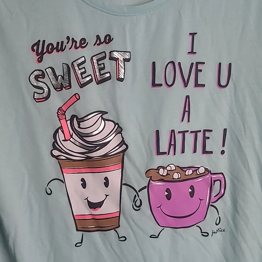 Justice Girls 20 teal short sleeve coffee and latte Tshirt